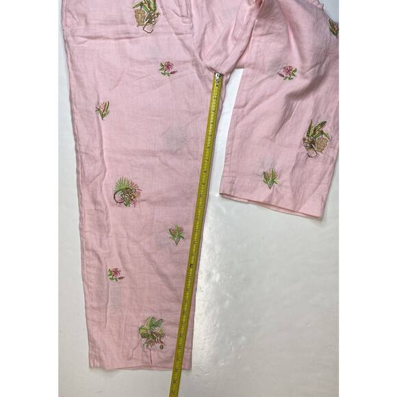 Rosanna Linen Wide Leg Crop Pant 14 (32"Waist) Pink Embroidered Monkeys Tropical - Picture 5 of 12